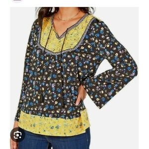 Style Co Womens Black Floral Bell Sleeve Tie Neck Tunic Blouse Top Med Oversized